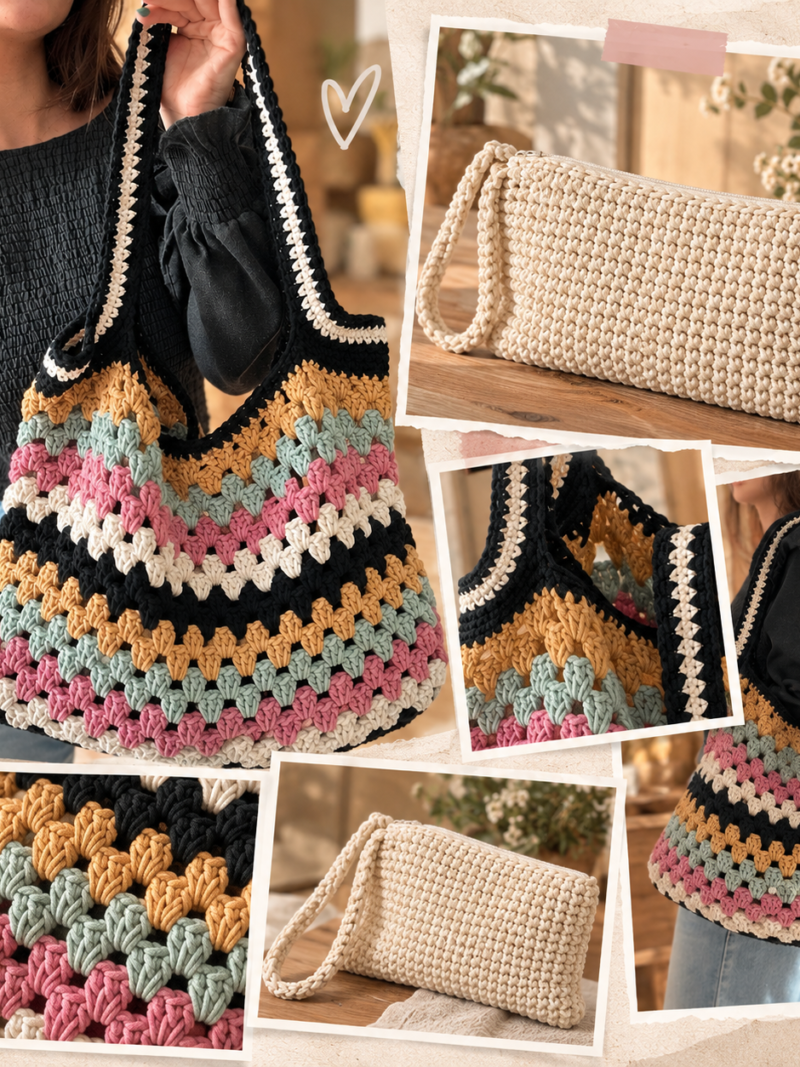 PACK PROYECTO ACCESORIOS: TUTORIAL BOLSO GRANNY + PATRON PDF CLUTCH EN CROCHET
