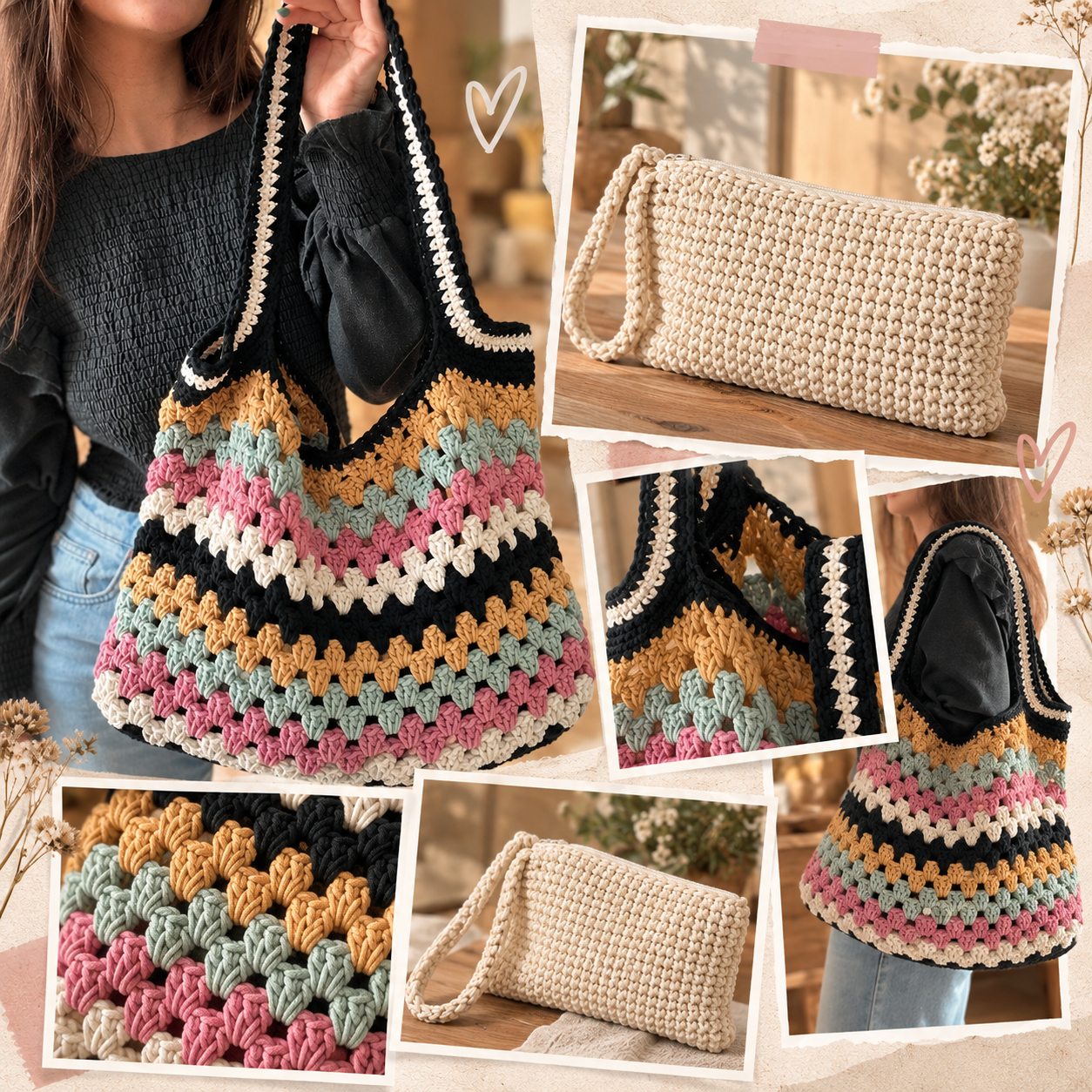 PACK PROYECTO ACCESORIOS: TUTORIAL BOLSO GRANNY + PATRON PDF CLUTCH EN CROCHET