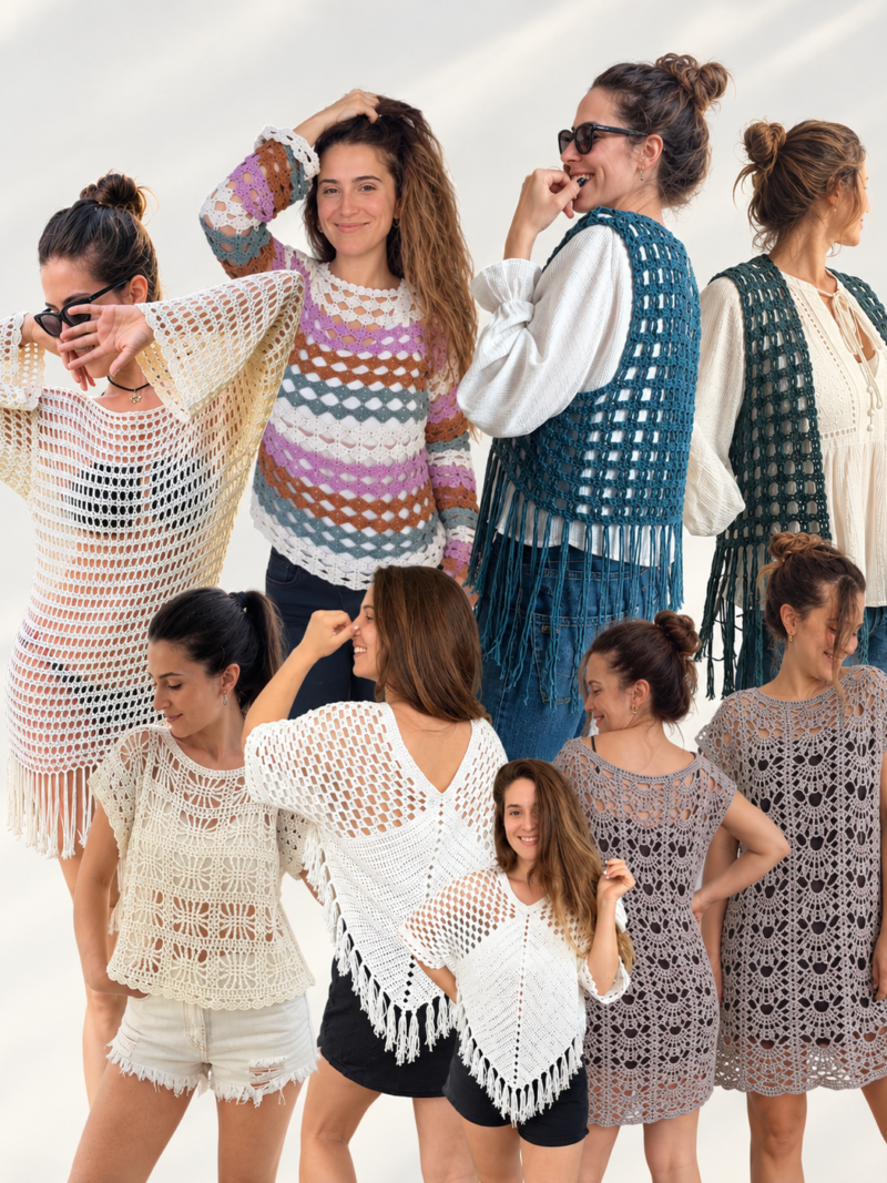 PACK PROYECTOS DE PRIMAVERA VERANO CON LA LINEA MARBELLA: SWEATER VITAMINA | VESTIDO KILIG | REMERON FRESH | CHALECO SIENNA | TÚNICA PIÑA | REMEPONCHO SUMMER | INCLUYE TODO EL MATERIAL EXPLICATIVO DE CADA GUIA
